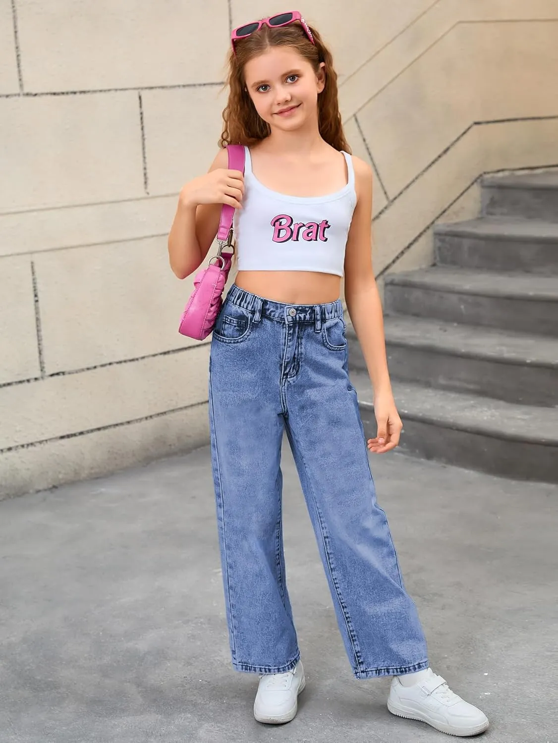 WDIRARA Girl's Bowknot Embroidery Wide Leg Denim Pants Y2k High Waist Baggy Jeans