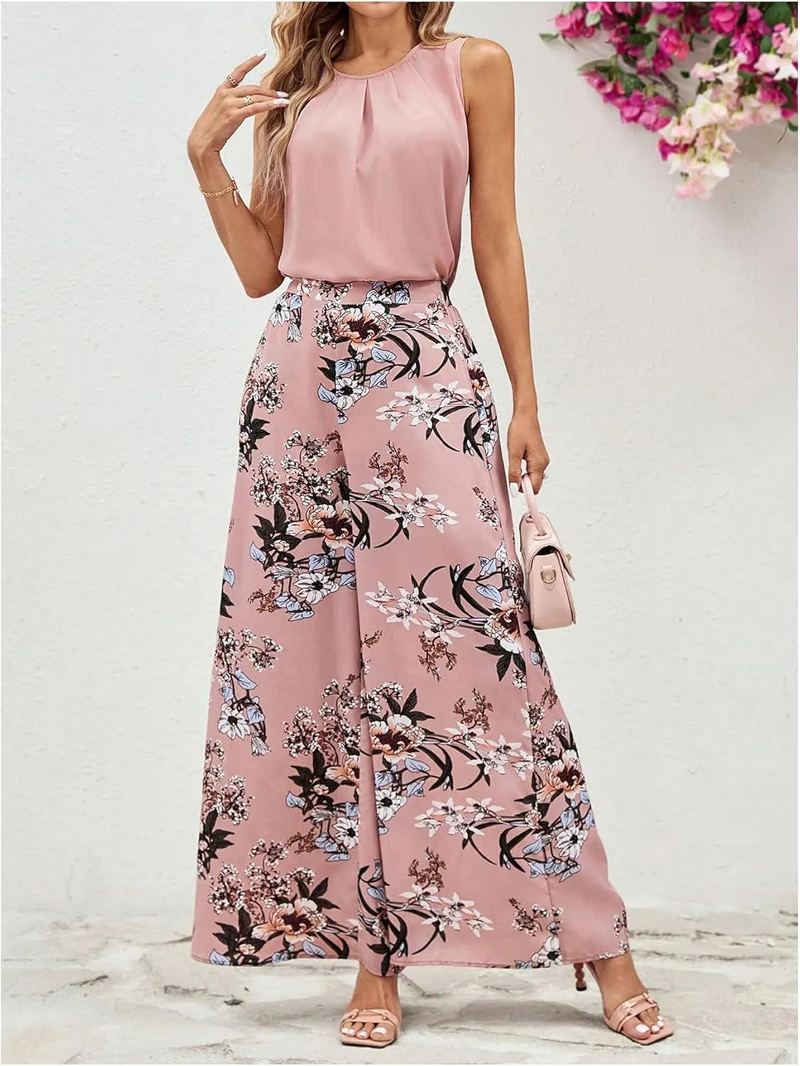WDIRARA Women's 2 Piece Outfits Pleated Chiffon Tank Top Floral Print Wide Leg Pants Set