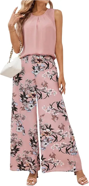 WDIRARA Women's 2 Piece Outfits Pleated Chiffon Tank Top Floral Print Wide Leg Pants Set