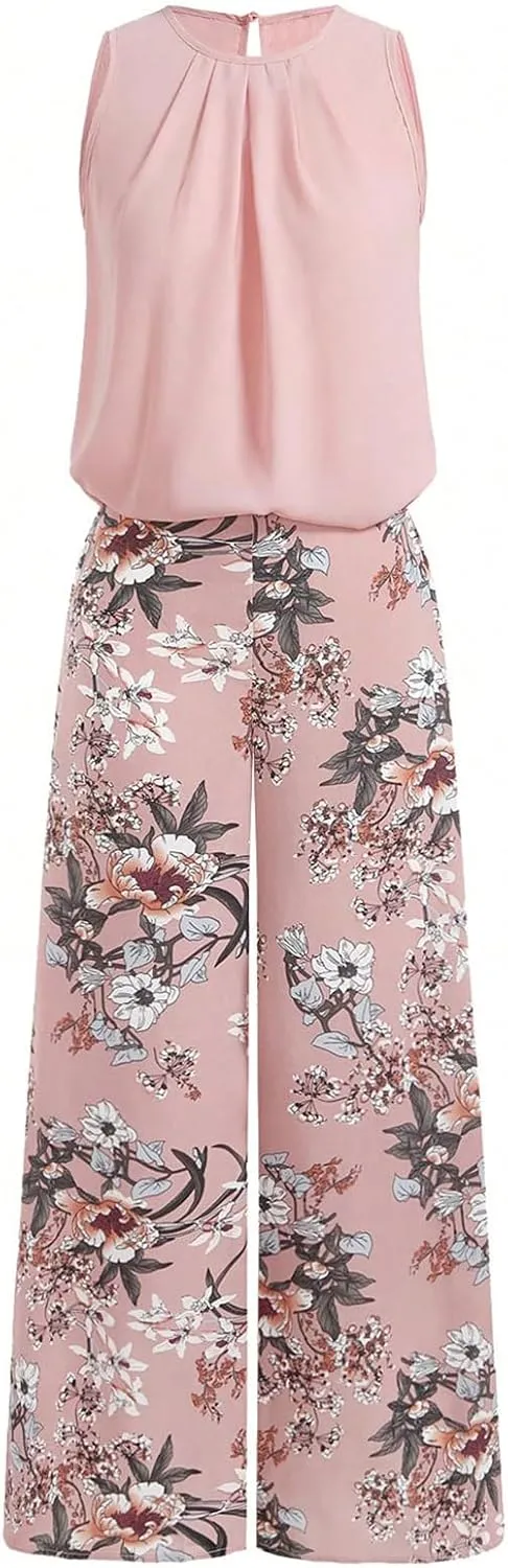 WDIRARA Women's 2 Piece Outfits Pleated Chiffon Tank Top Floral Print Wide Leg Pants Set
