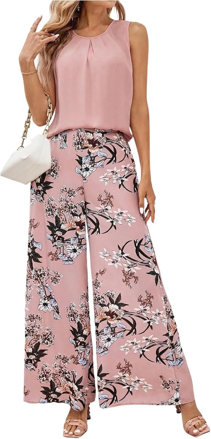 WDIRARA Women's 2 Piece Outfits Pleated Chiffon Tank Top Floral Print Wide Leg Pants Set