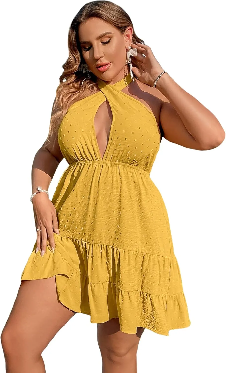 WDIRARA Women's Plus Size Crossover Halter Neck Tie Cut Out Ruffle Flowy A Line Dress 2023 Summer Short Dress