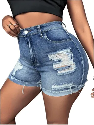 WDIRARA Women's Plus Size High Waist Button Distressed Ripped Casual Denim Shorts