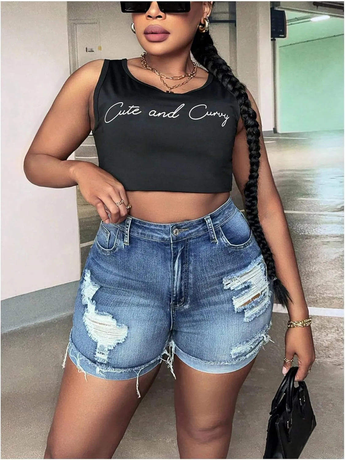 WDIRARA Women's Plus Size High Waist Button Distressed Ripped Casual Denim Shorts