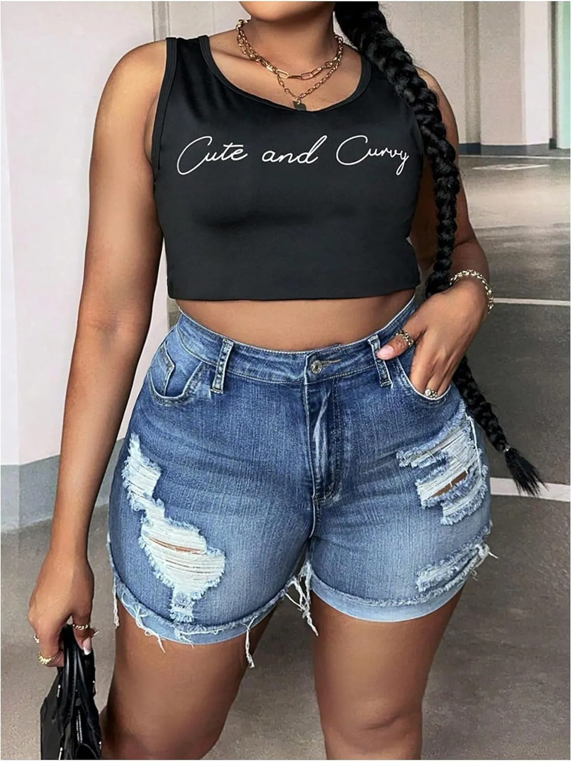 WDIRARA Women's Plus Size High Waist Button Distressed Ripped Casual Denim Shorts