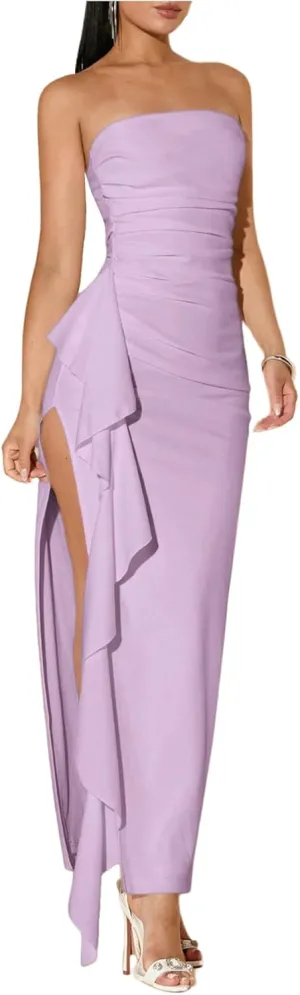 WDIRARA Women's Ruffle High Split Strapless Bodycon Dress Cocktail Wedding Party Maxi Dresses