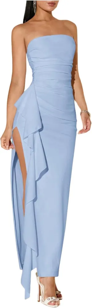 WDIRARA Women's Ruffle High Split Strapless Bodycon Dress Cocktail Wedding Party Maxi Dresses
