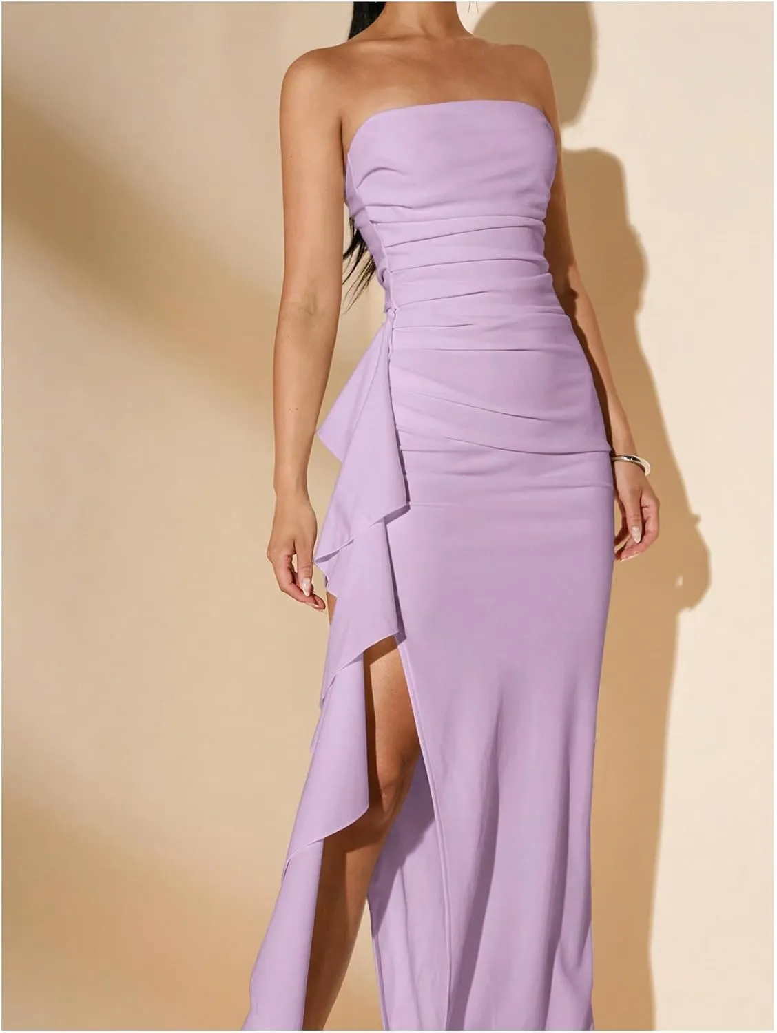 WDIRARA Women's Ruffle High Split Strapless Bodycon Dress Cocktail Wedding Party Maxi Dresses