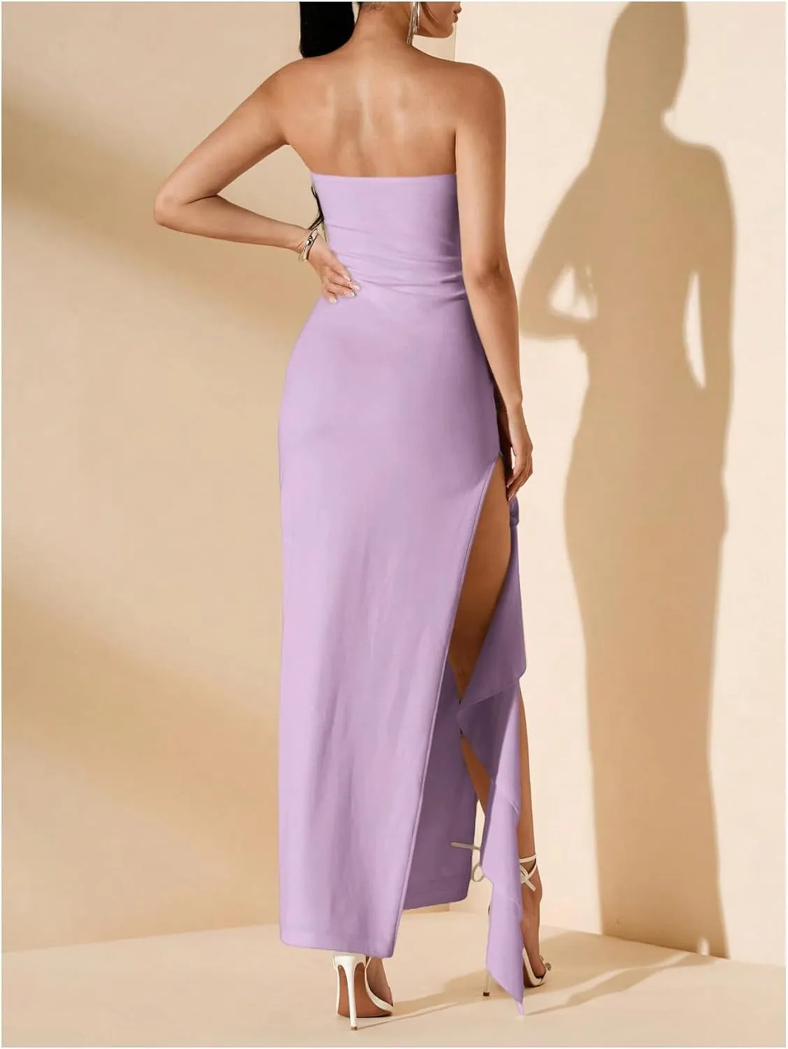 WDIRARA Women's Ruffle High Split Strapless Bodycon Dress Cocktail Wedding Party Maxi Dresses