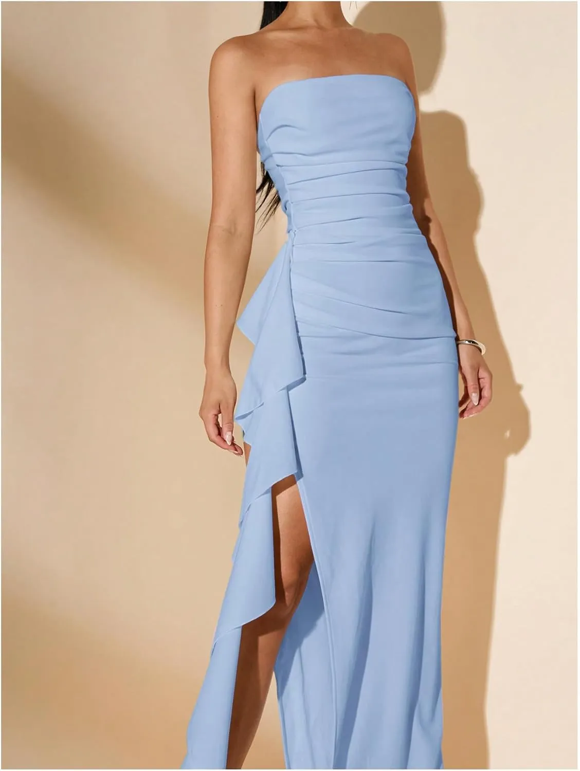 WDIRARA Women's Ruffle High Split Strapless Bodycon Dress Cocktail Wedding Party Maxi Dresses