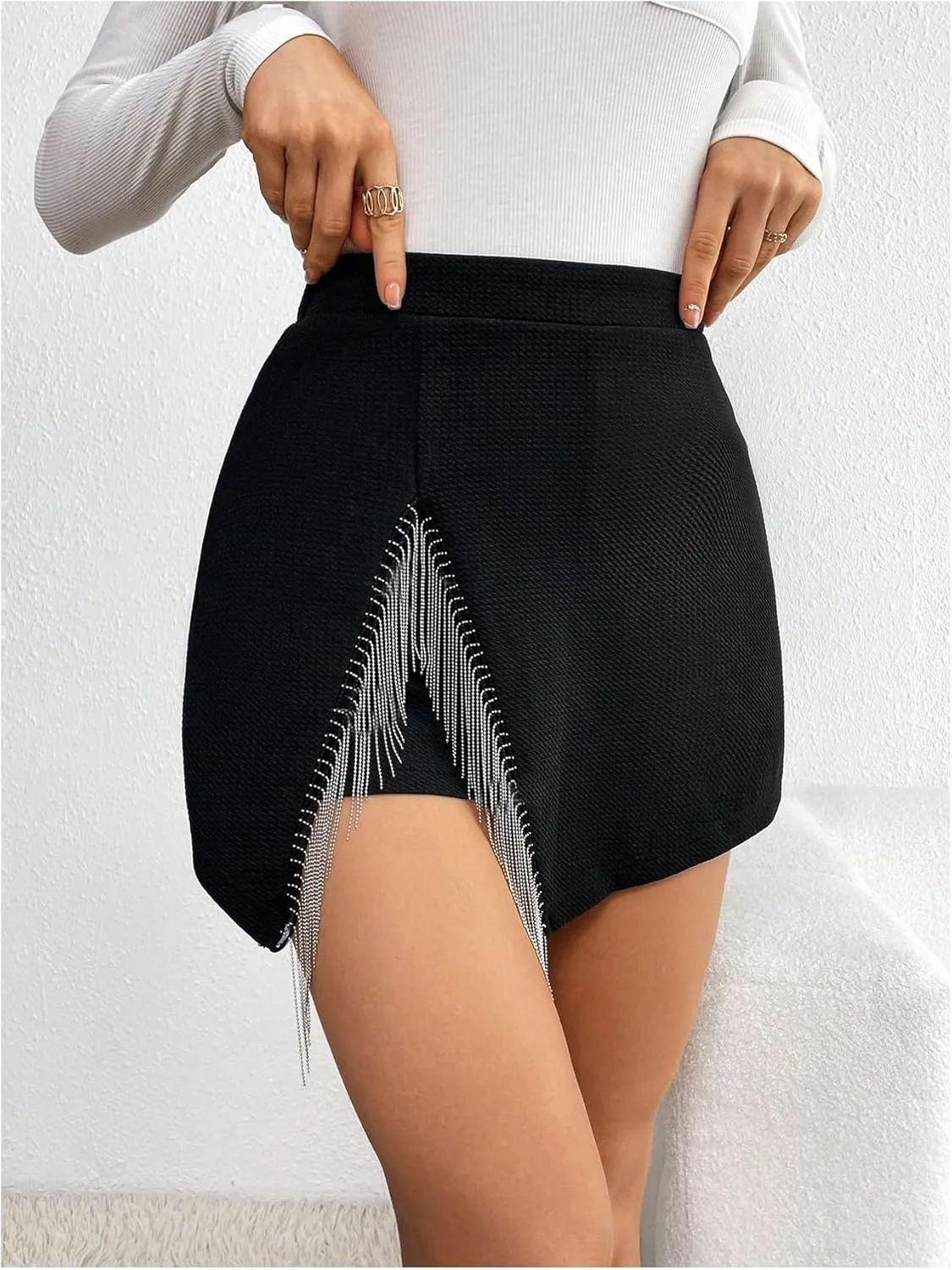 WDIRARA Women's Sparkly Rhinestone Fringe Trim Skorts High Waisted Split Side Skirt Shorts