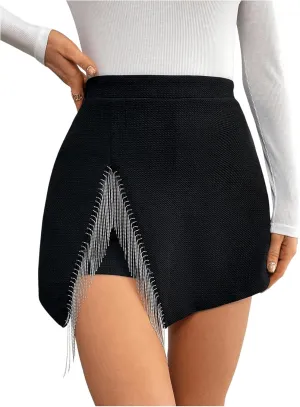 WDIRARA Women's Sparkly Rhinestone Fringe Trim Skorts High Waisted Split Side Skirt Shorts