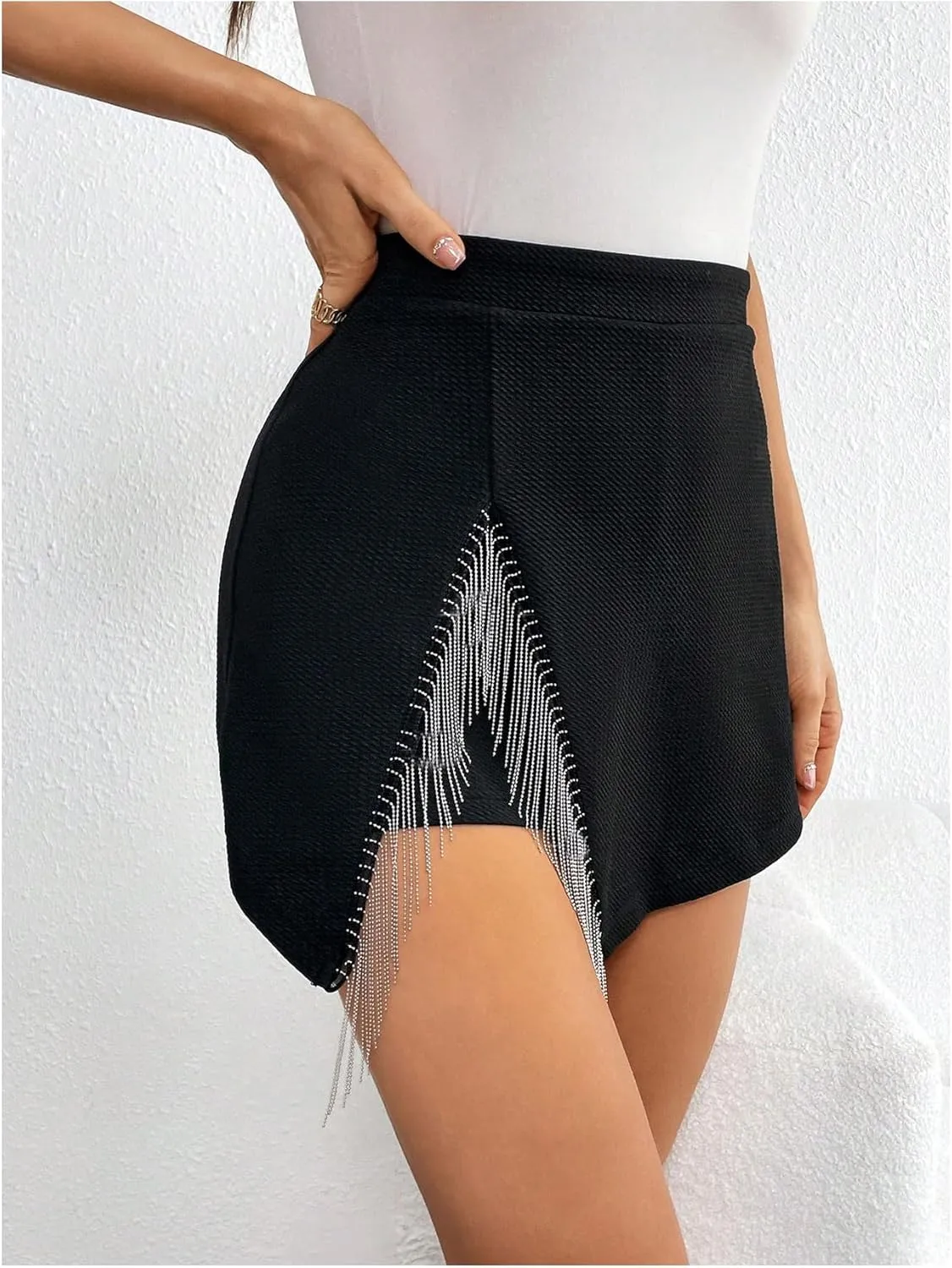 WDIRARA Women's Sparkly Rhinestone Fringe Trim Skorts High Waisted Split Side Skirt Shorts