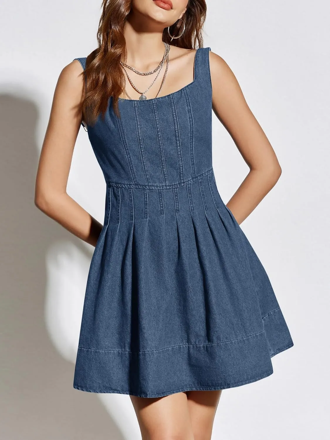 Wenrine Women's Summer Tank Denim Mini Dress Casual Sweetheart Neck Adjustable Strap A Line Jean Dress