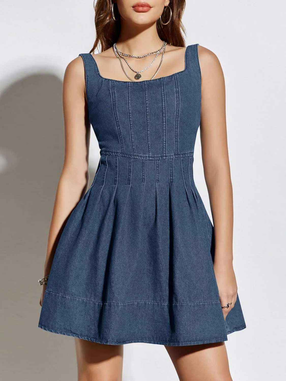 Wenrine Women's Summer Tank Denim Mini Dress Casual Sweetheart Neck Adjustable Strap A Line Jean Dress