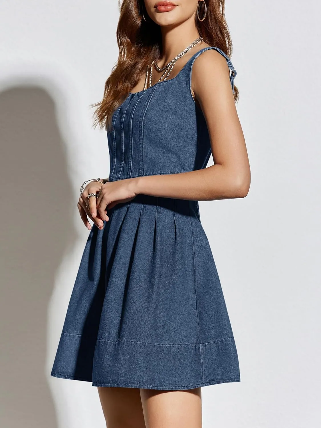 Wenrine Women's Summer Tank Denim Mini Dress Casual Sweetheart Neck Adjustable Strap A Line Jean Dress