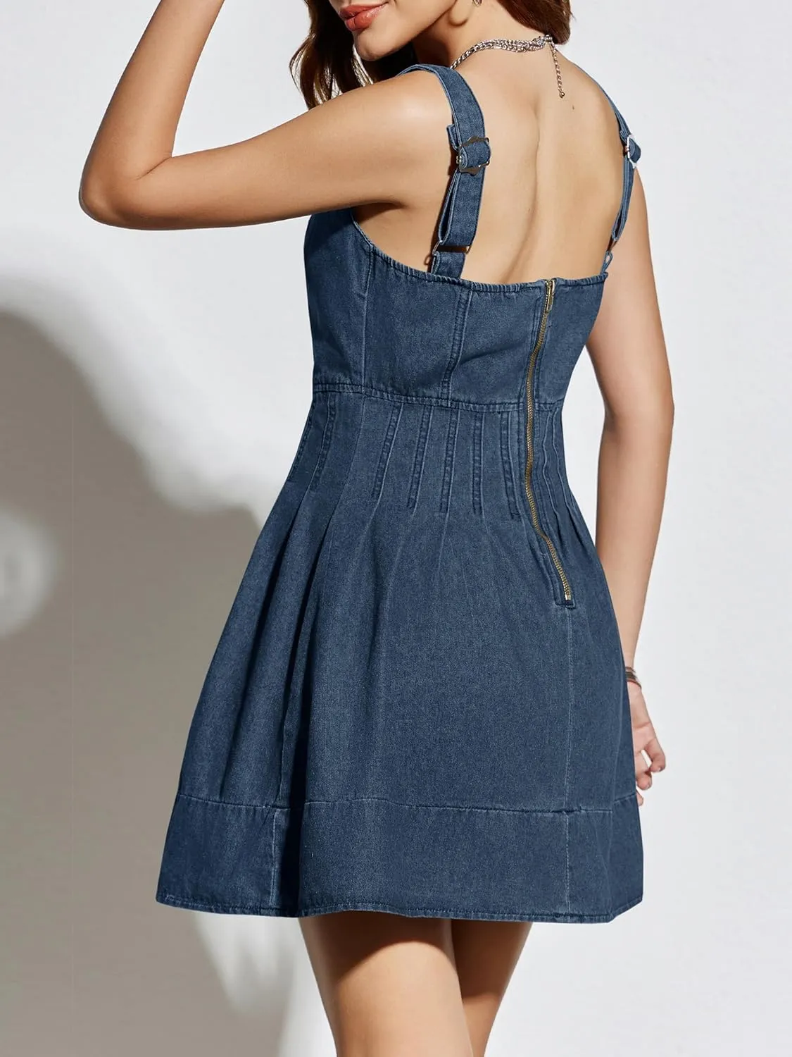 Wenrine Women's Summer Tank Denim Mini Dress Casual Sweetheart Neck Adjustable Strap A Line Jean Dress