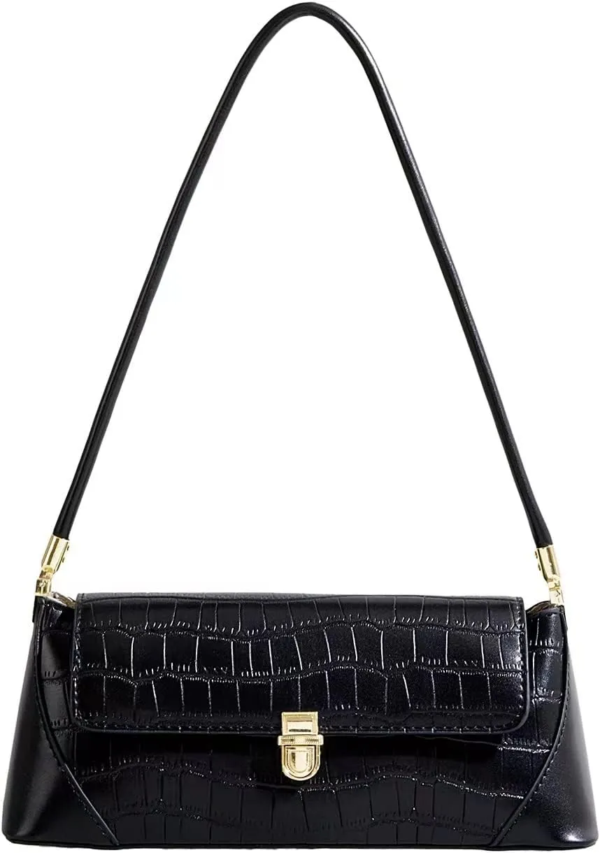 Women Black Shoulder Bags Vintage Handbag Retro Classic Small Purse 90s Buckle Closure