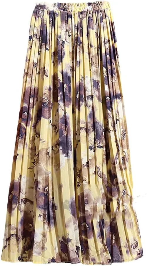 Women Chiffon Midi Pleated High Waist Skirts Floral Painting Printed Long Skirts