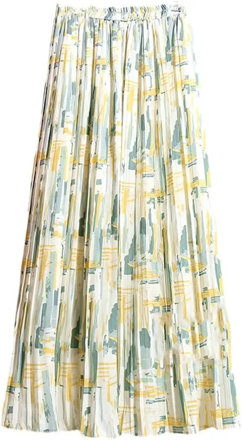 Women Chiffon Midi Pleated High Waist Skirts Floral Painting Printed Long Skirts