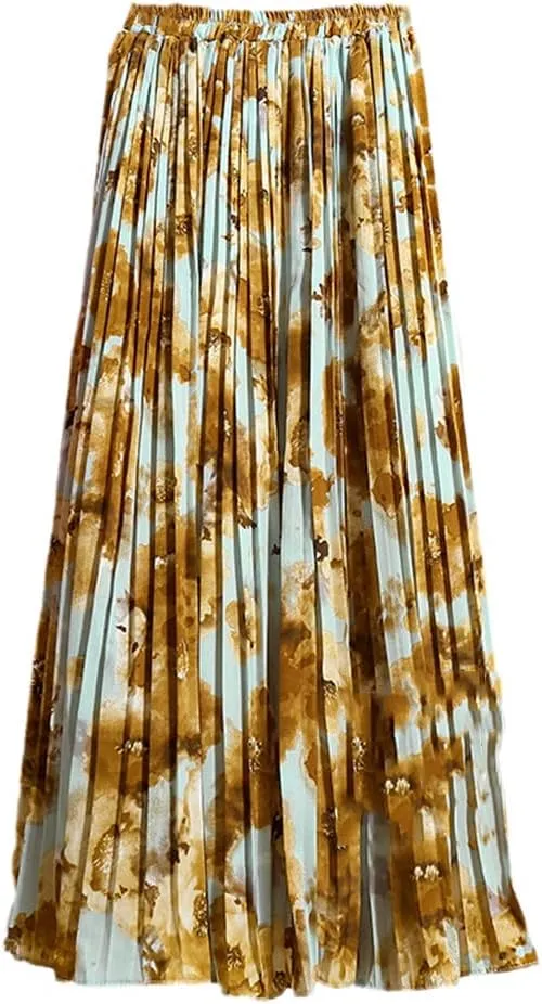 Women Chiffon Midi Pleated High Waist Skirts Floral Painting Printed Long Skirts