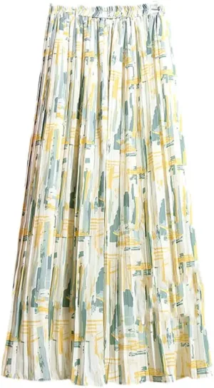 Women Chiffon Midi Pleated High Waist Skirts Floral Painting Printed Long Skirts