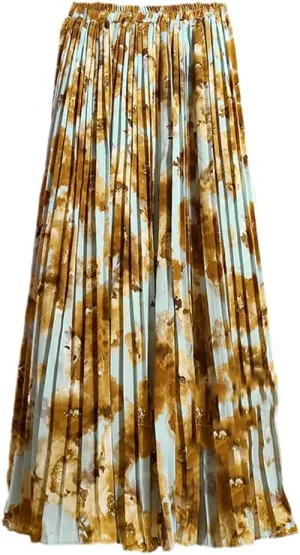 Women Chiffon Midi Pleated High Waist Skirts Floral Painting Printed Long Skirts