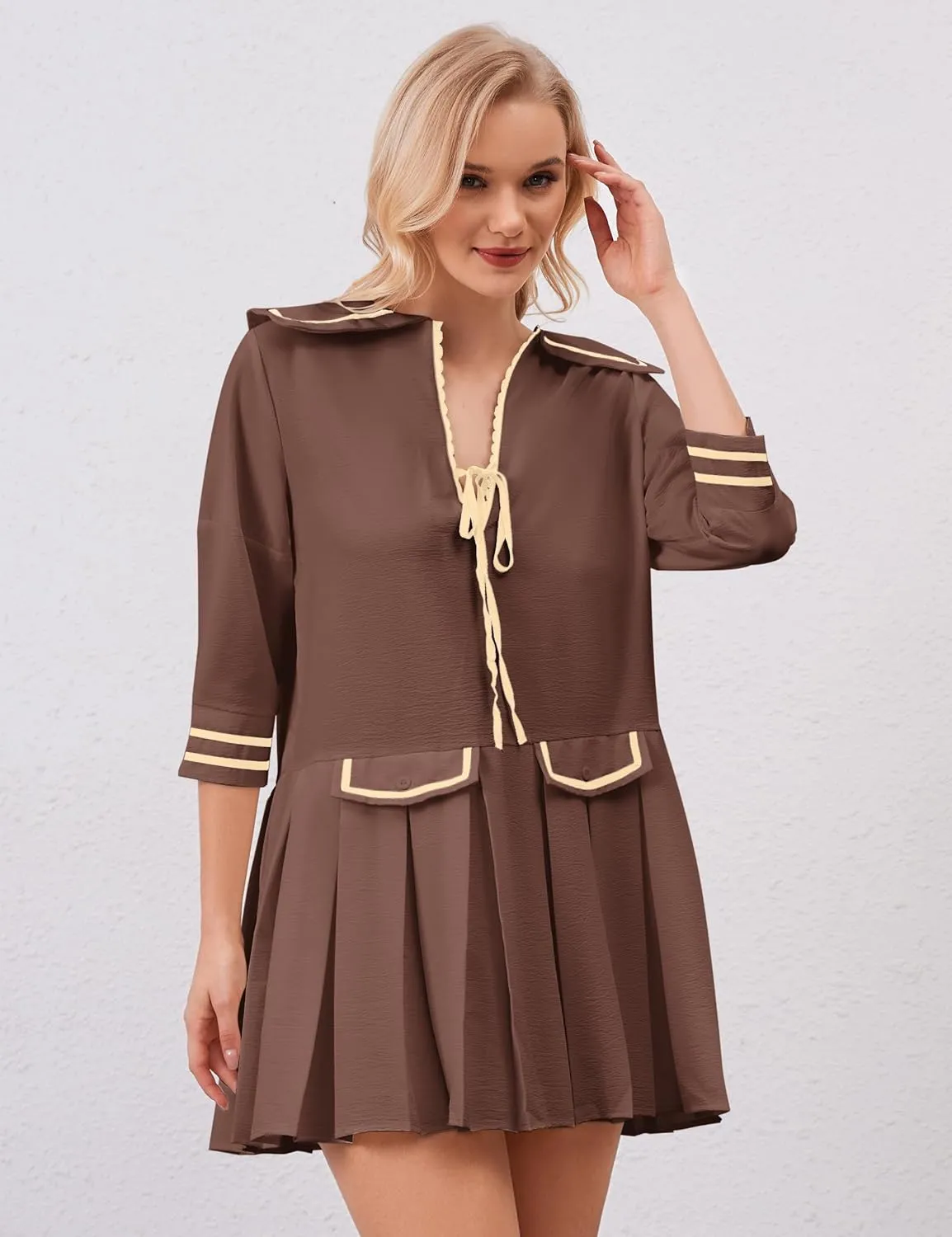 Women Cute Pleated V Neck Mini Dress Summer Casual Loose Binding 3/4 Sleeve Short Dress Girls Babydoll A line Sundress