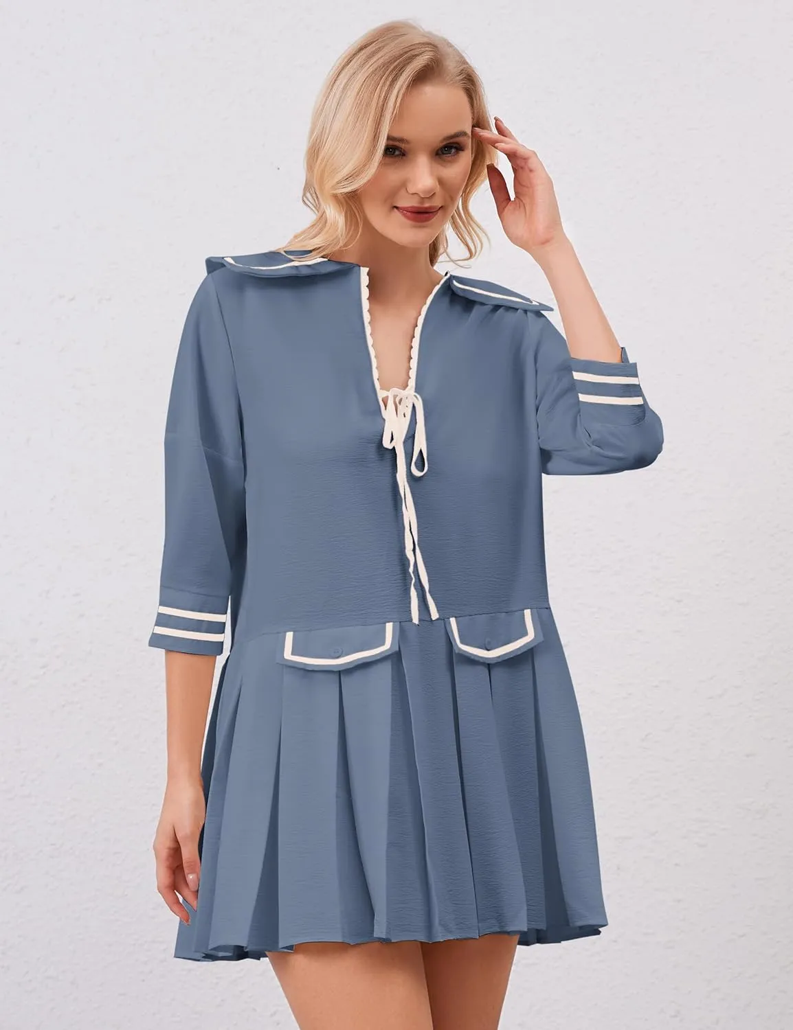 Women Cute Pleated V Neck Mini Dress Summer Casual Loose Binding 3/4 Sleeve Short Dress Girls Babydoll A line Sundress