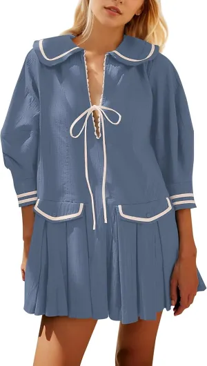 Women Cute Pleated V Neck Mini Dress Summer Casual Loose Binding 3/4 Sleeve Short Dress Girls Babydoll A line Sundress