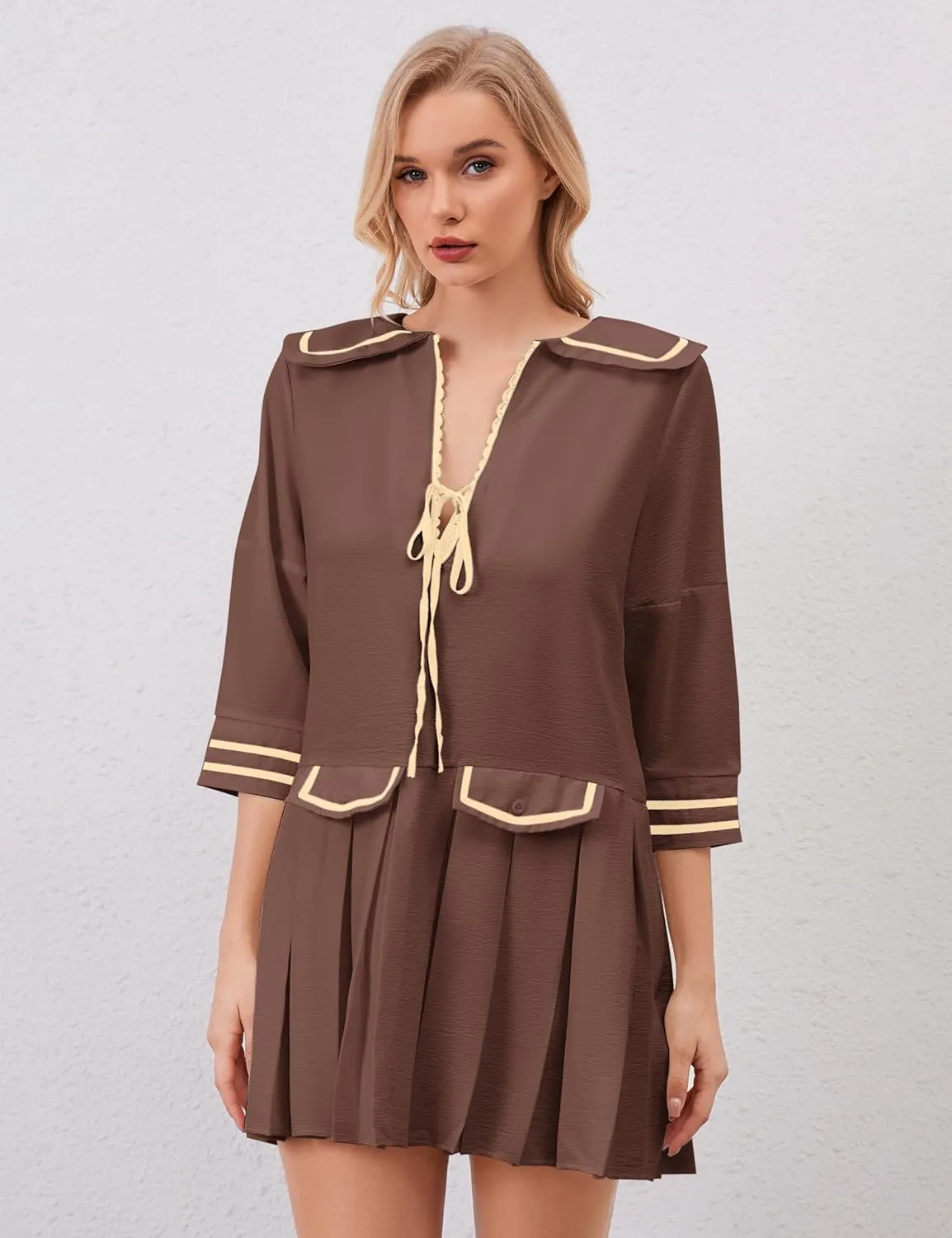 Women Cute Pleated V Neck Mini Dress Summer Casual Loose Binding 3/4 Sleeve Short Dress Girls Babydoll A line Sundress
