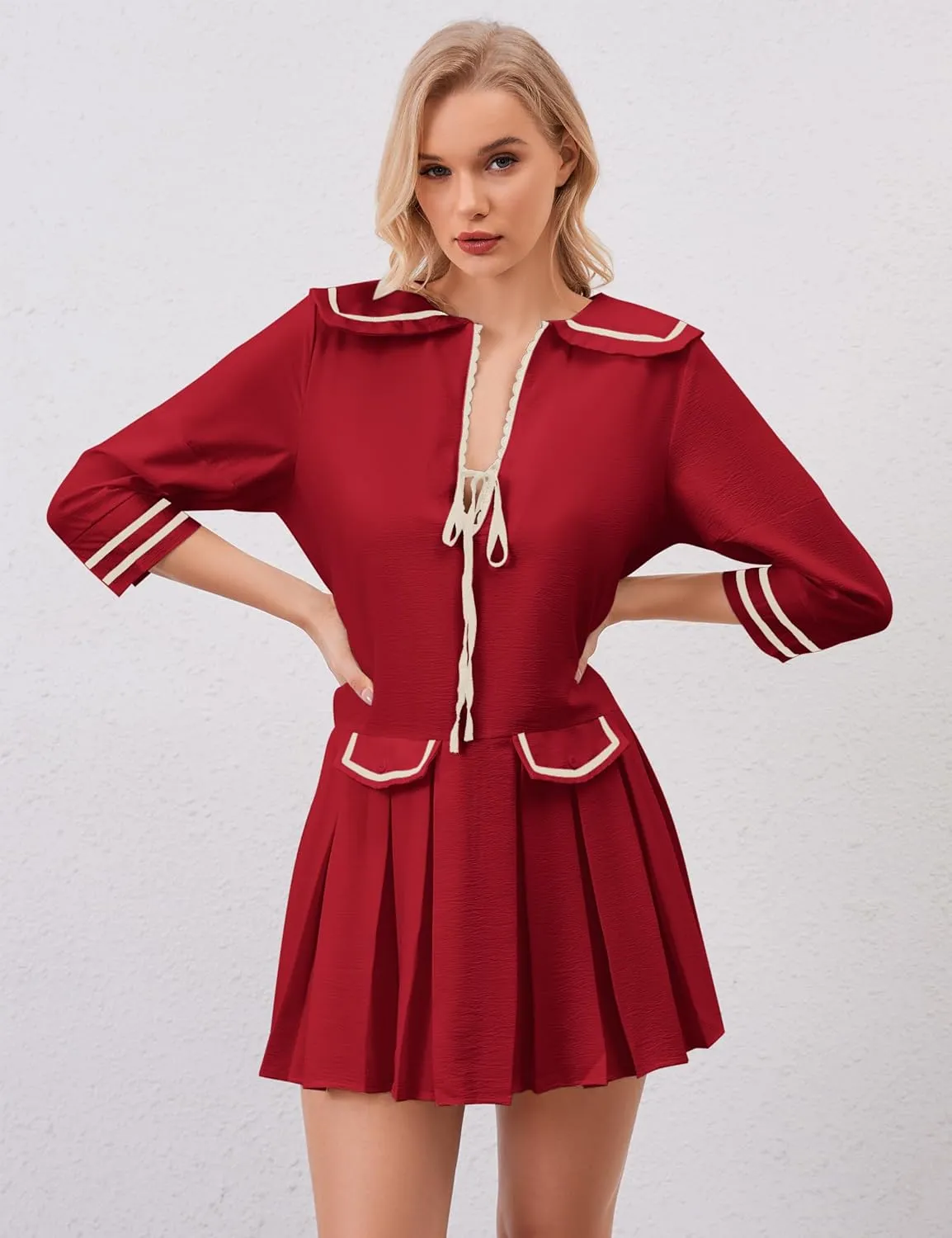 Women Cute Pleated V Neck Mini Dress Summer Casual Loose Binding 3/4 Sleeve Short Dress Girls Babydoll A line Sundress