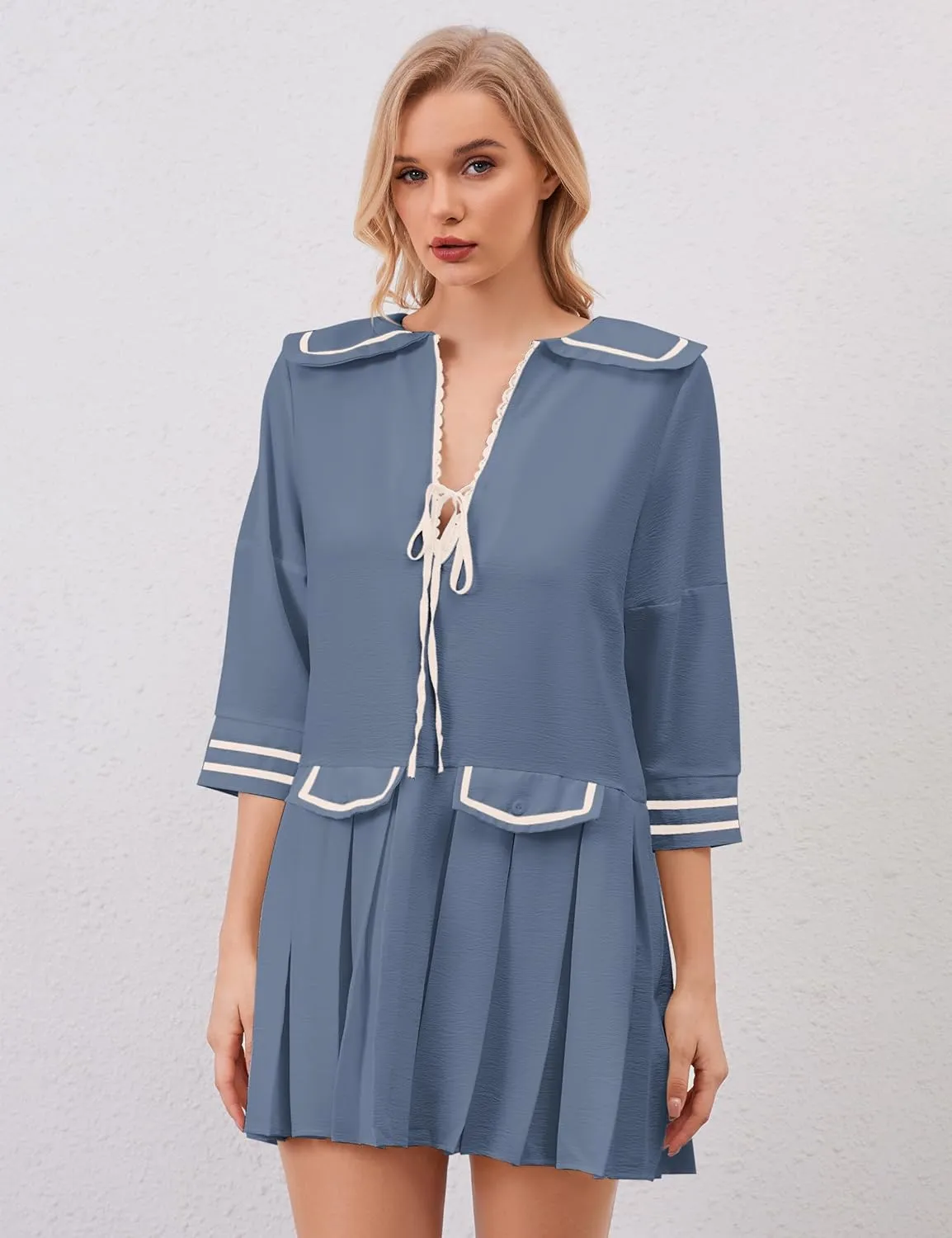 Women Cute Pleated V Neck Mini Dress Summer Casual Loose Binding 3/4 Sleeve Short Dress Girls Babydoll A line Sundress