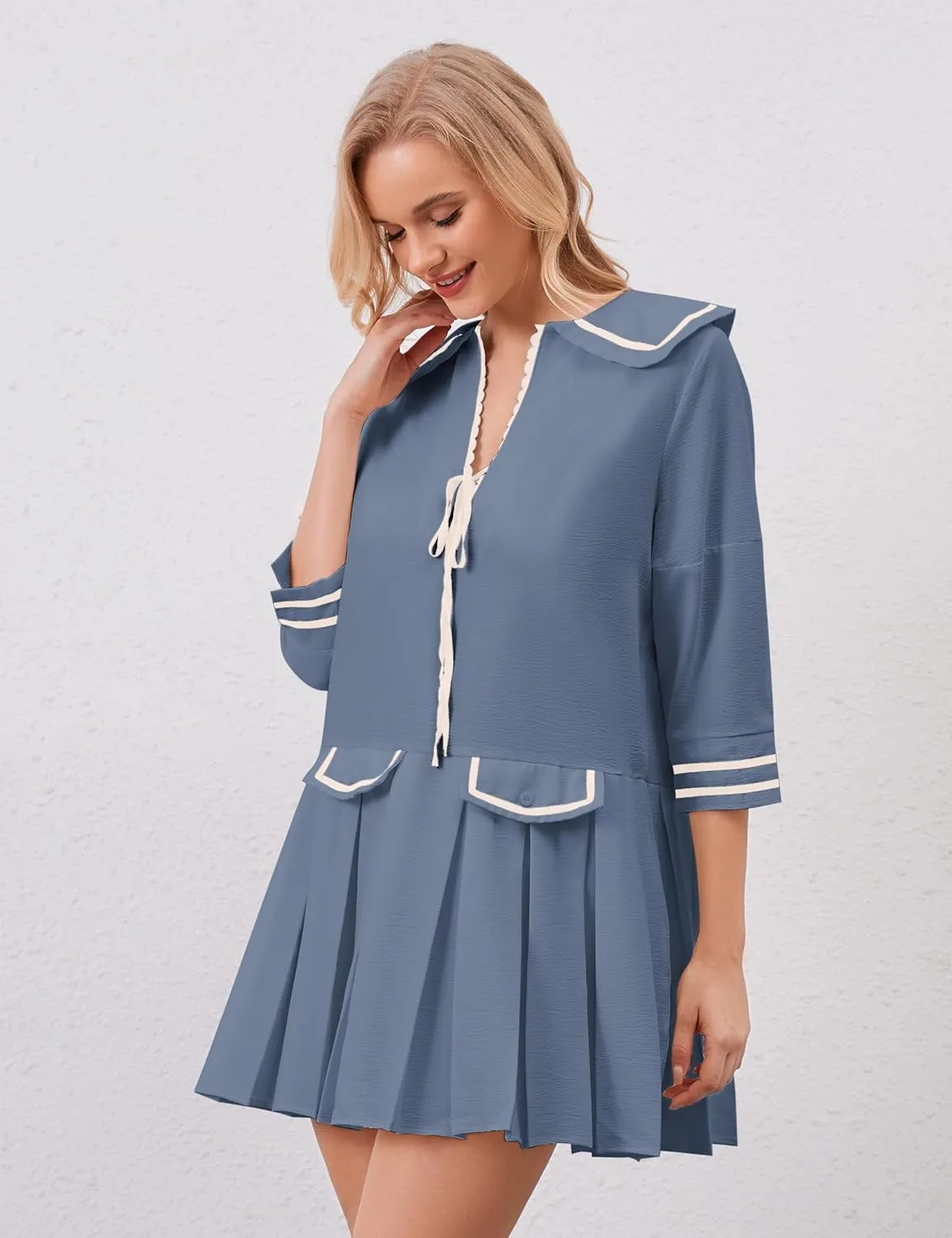 Women Cute Pleated V Neck Mini Dress Summer Casual Loose Binding 3/4 Sleeve Short Dress Girls Babydoll A line Sundress