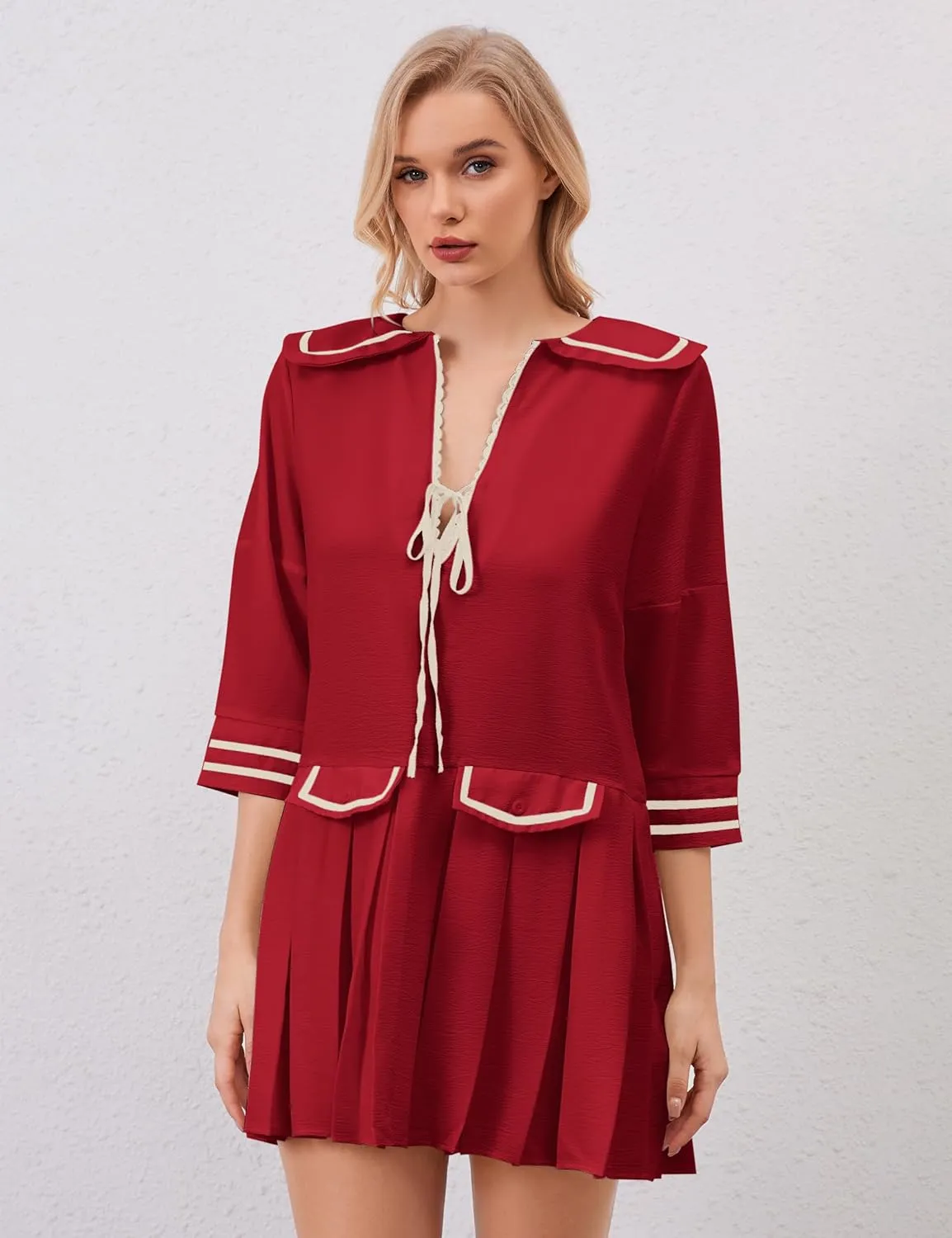 Women Cute Pleated V Neck Mini Dress Summer Casual Loose Binding 3/4 Sleeve Short Dress Girls Babydoll A line Sundress