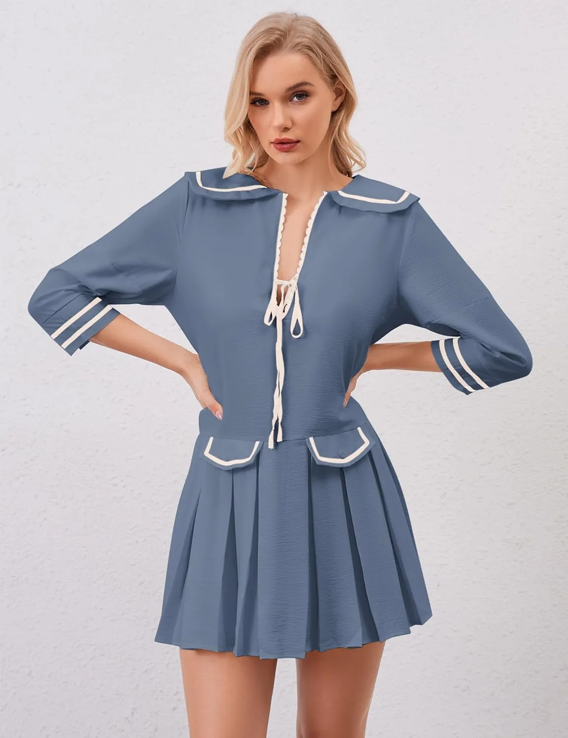 Women Cute Pleated V Neck Mini Dress Summer Casual Loose Binding 3/4 Sleeve Short Dress Girls Babydoll A line Sundress