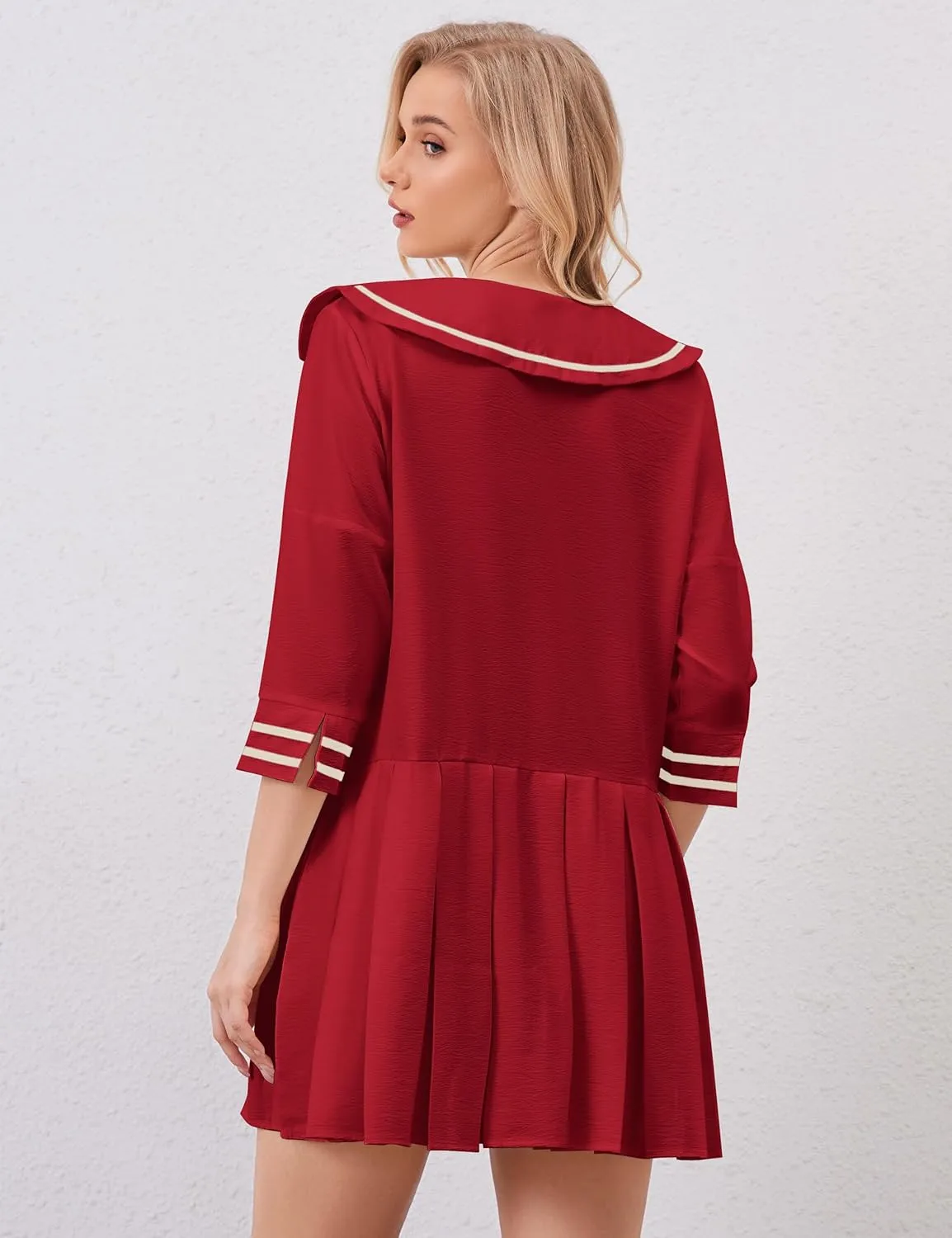 Women Cute Pleated V Neck Mini Dress Summer Casual Loose Binding 3/4 Sleeve Short Dress Girls Babydoll A line Sundress