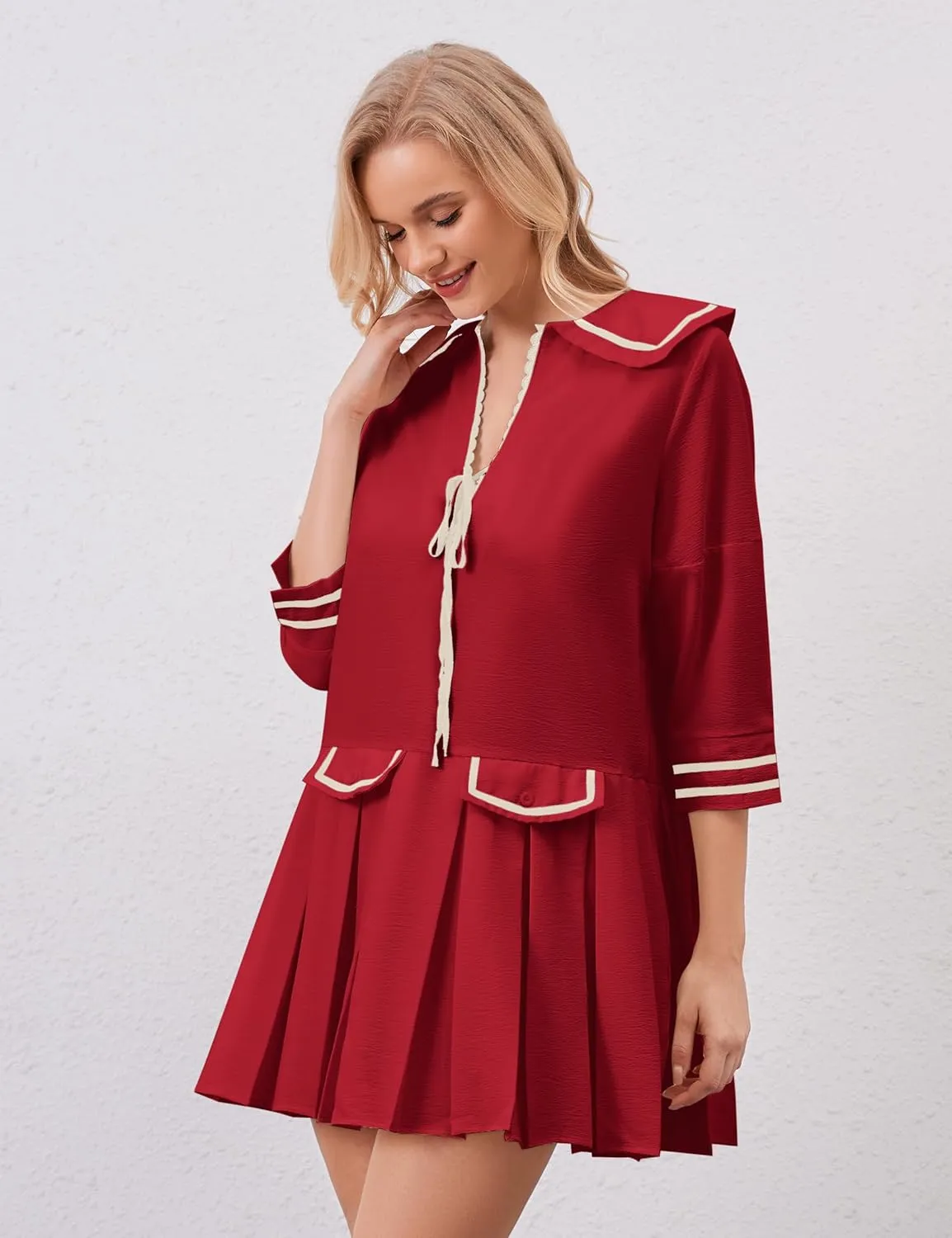 Women Cute Pleated V Neck Mini Dress Summer Casual Loose Binding 3/4 Sleeve Short Dress Girls Babydoll A line Sundress