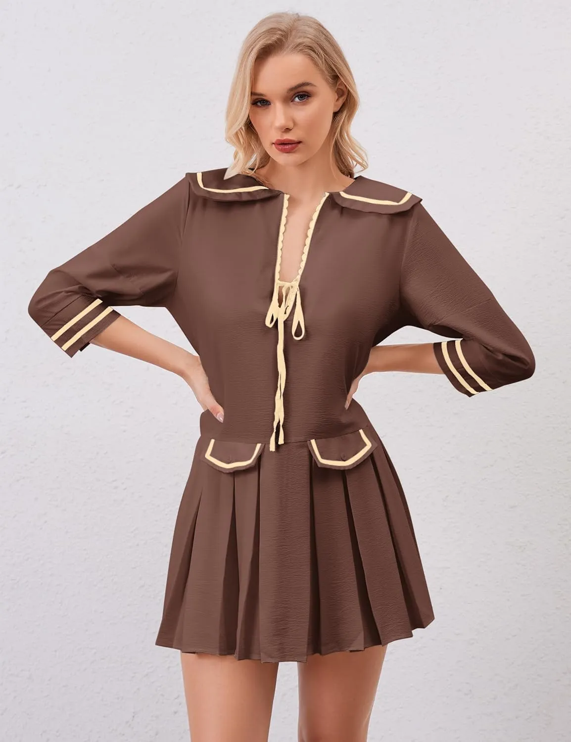 Women Cute Pleated V Neck Mini Dress Summer Casual Loose Binding 3/4 Sleeve Short Dress Girls Babydoll A line Sundress