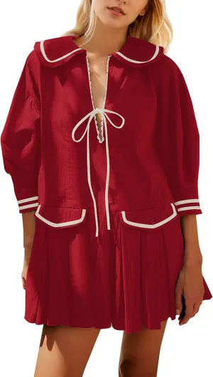 Women Cute Pleated V Neck Mini Dress Summer Casual Loose Binding 3/4 Sleeve Short Dress Girls Babydoll A line Sundress