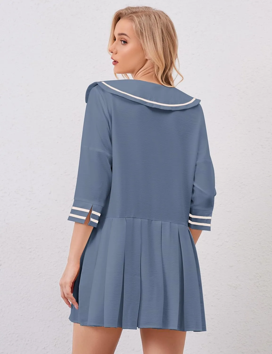 Women Cute Pleated V Neck Mini Dress Summer Casual Loose Binding 3/4 Sleeve Short Dress Girls Babydoll A line Sundress
