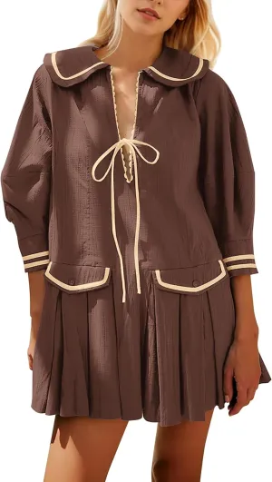 Women Cute Pleated V Neck Mini Dress Summer Casual Loose Binding 3/4 Sleeve Short Dress Girls Babydoll A line Sundress