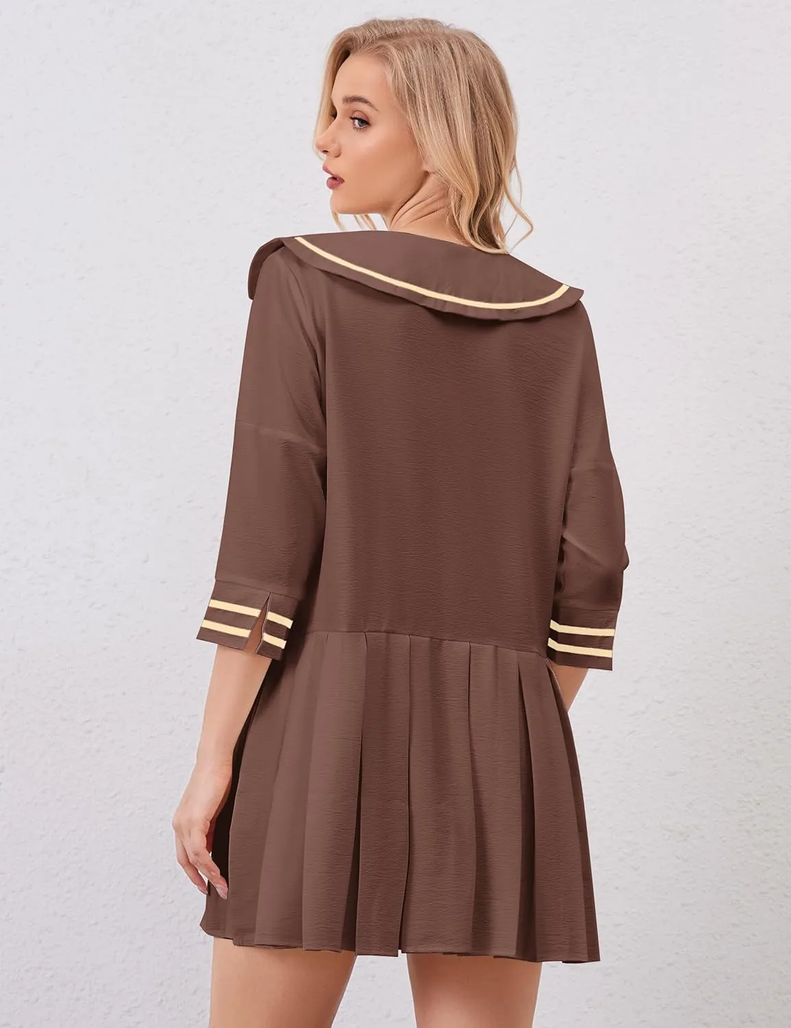 Women Cute Pleated V Neck Mini Dress Summer Casual Loose Binding 3/4 Sleeve Short Dress Girls Babydoll A line Sundress