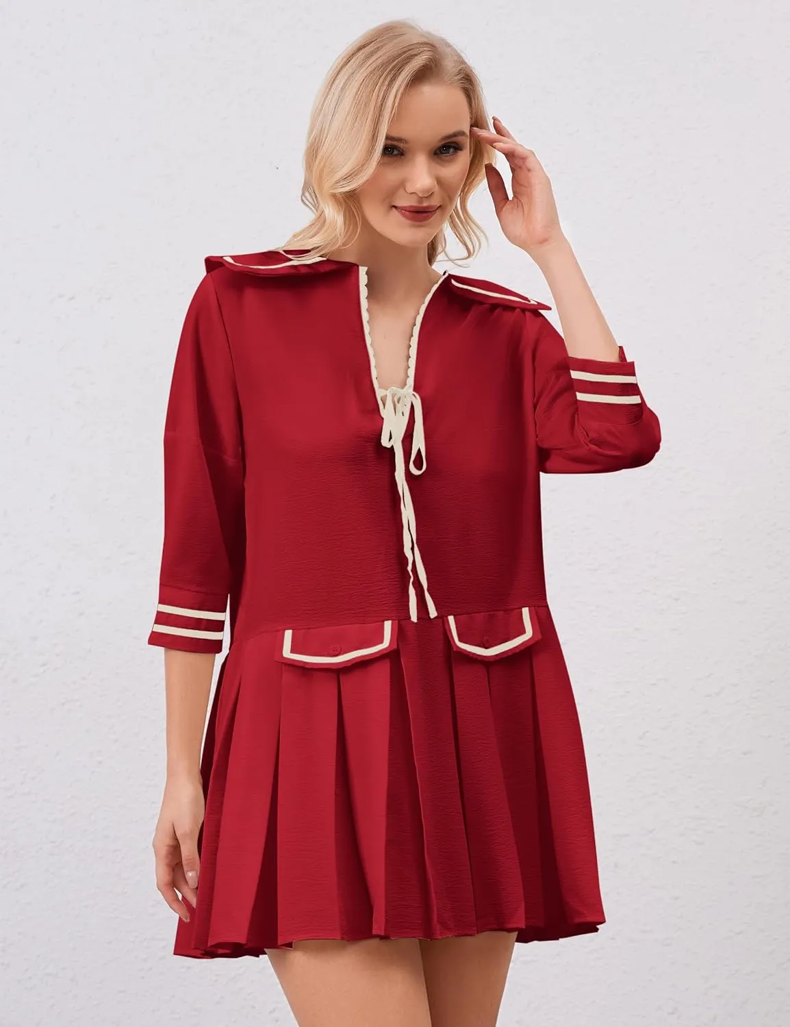 Women Cute Pleated V Neck Mini Dress Summer Casual Loose Binding 3/4 Sleeve Short Dress Girls Babydoll A line Sundress