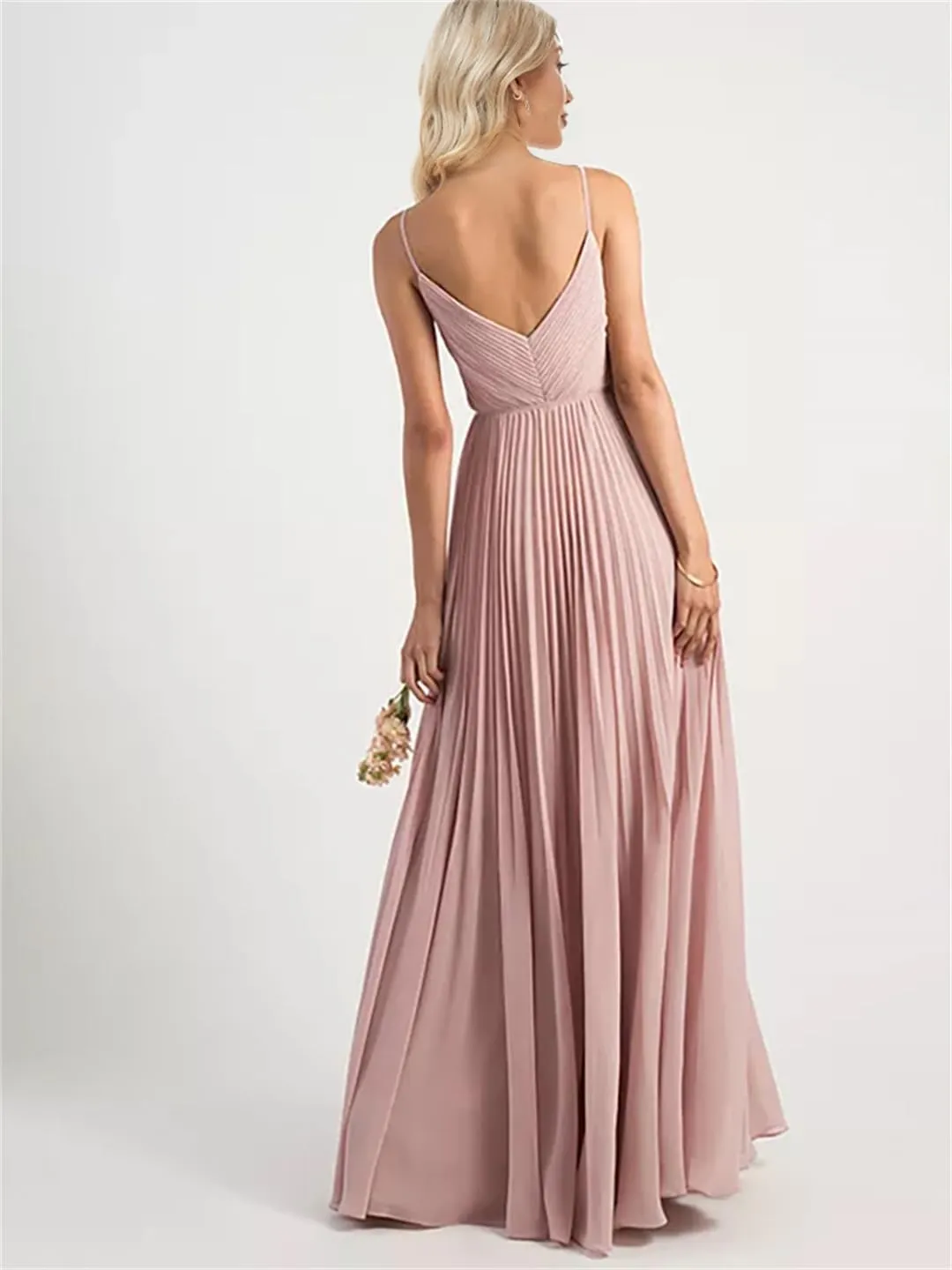 Women Elegant Chiffon V-Neck Pleated Evening Dress Formal Party Prom Gown Dresses Robe