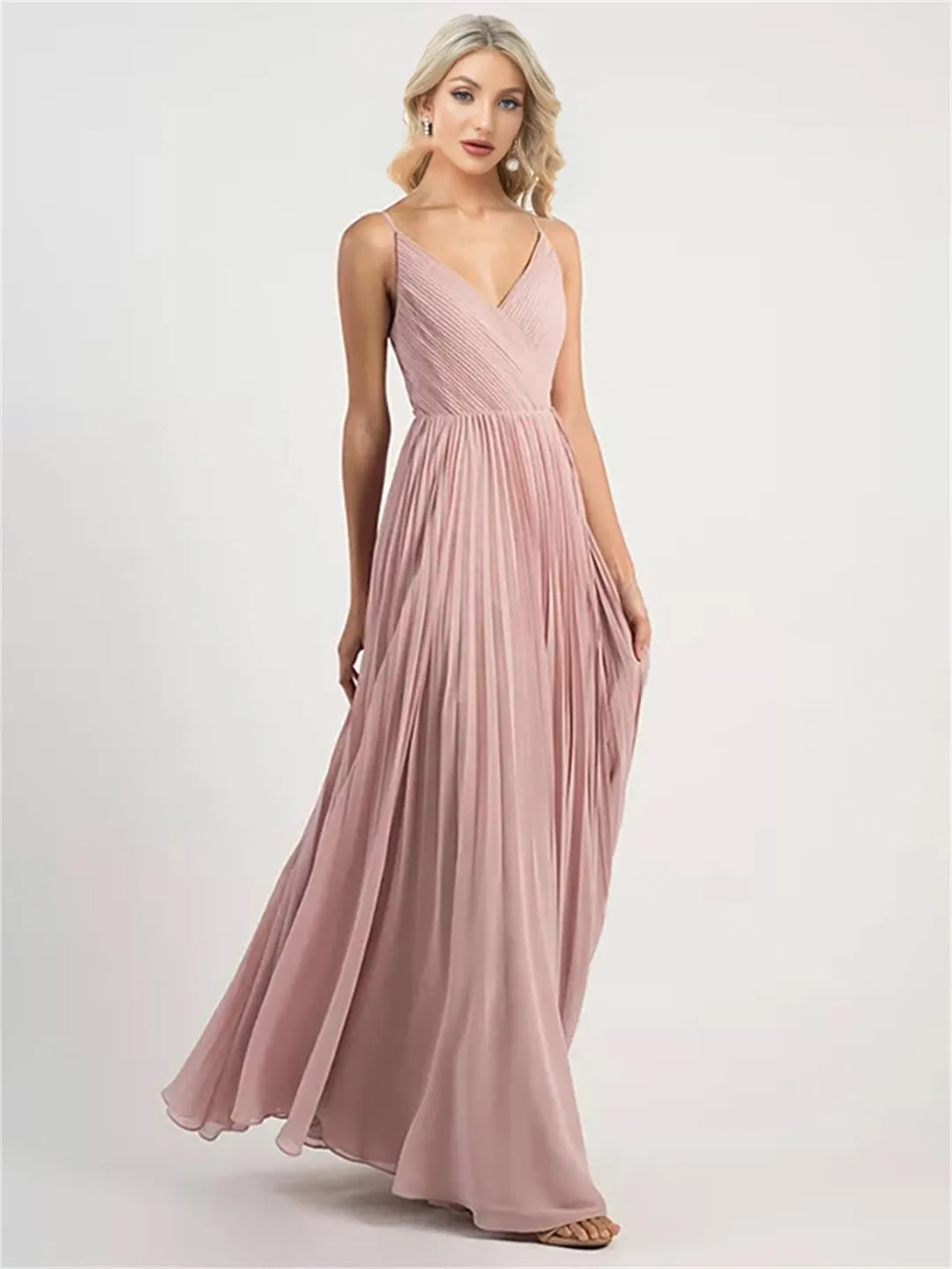 Women Elegant Chiffon V-Neck Pleated Evening Dress Formal Party Prom Gown Dresses Robe