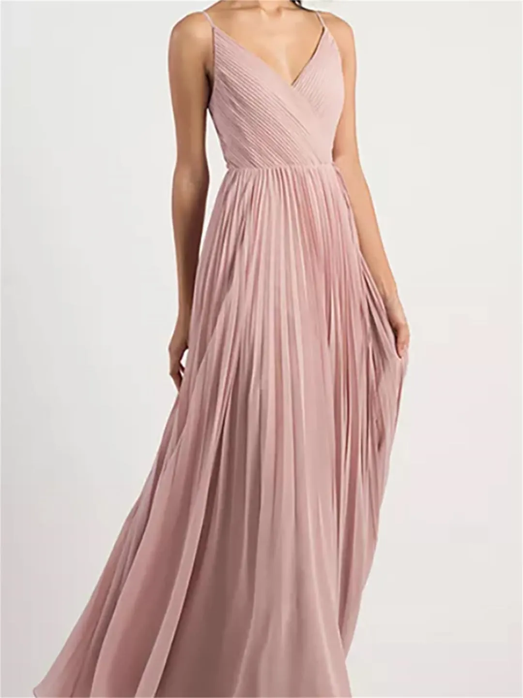Women Elegant Chiffon V-Neck Pleated Evening Dress Formal Party Prom Gown Dresses Robe