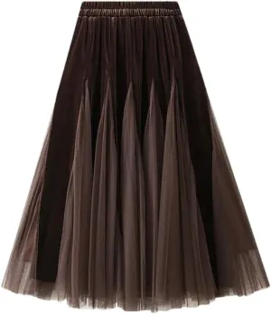 Women Fleece Mesh Patchwork Midi Skirts Solid Casual High Waist Long Skirts
