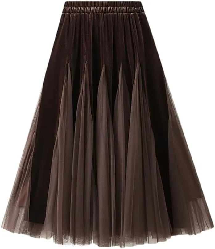 Women Fleece Mesh Patchwork Midi Skirts Solid Casual High Waist Long Skirts