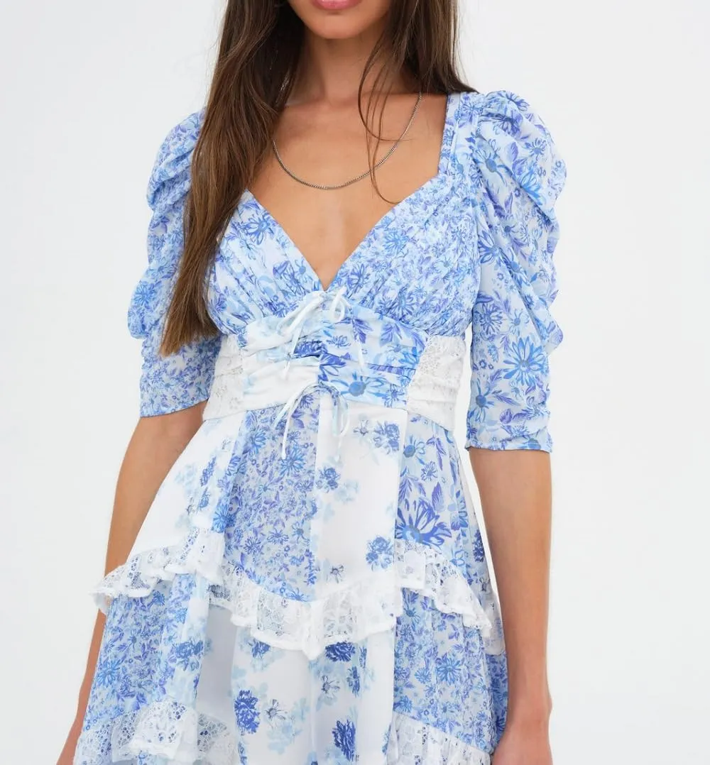 Women Floral Puff Sleeve Mini Dress Boho Ruffle A Line Babydoll Dress Cute Graphic Backless Summer Sundress